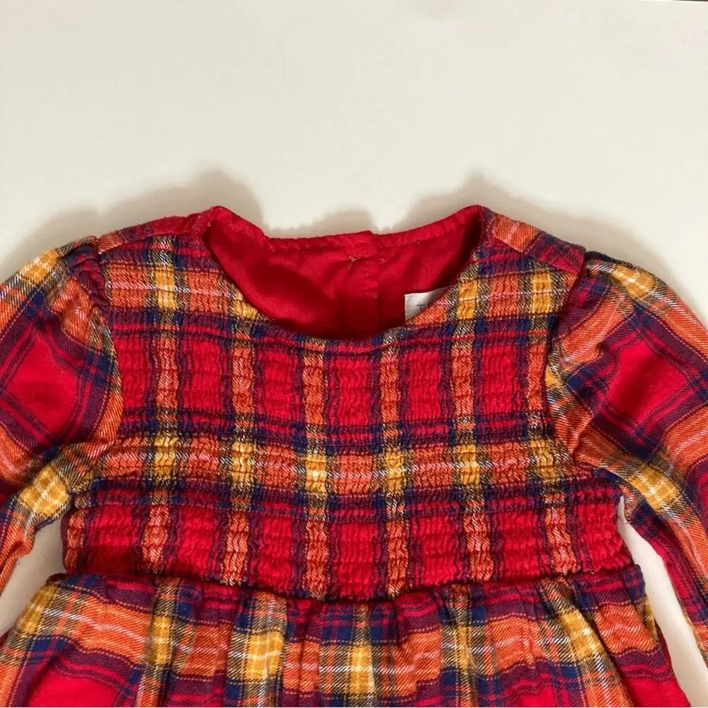 Tahari Plaid Red Yellow Long Sleeve Seersucker Apple Button Dress Toddler 2T